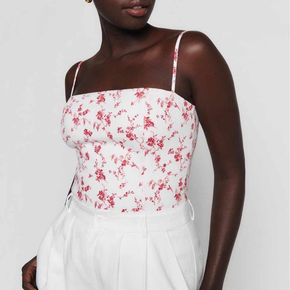 Reformation White Floral Print Square Neck Cami - Red Floral